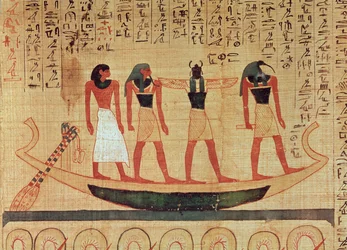 Papyrus som viser en mann som fraktes på en bark til livet etter døden av Tot, Khepri og en annen gud